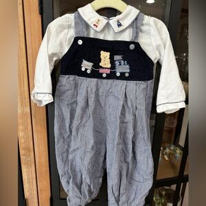 Vintage teddy bear coverall embroidered overalls baby boy collar train gingham